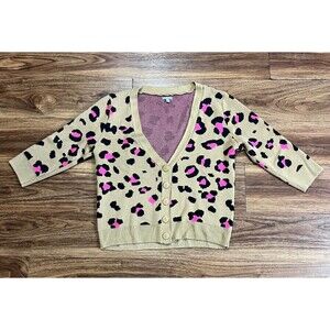Charlotte Russe Cheetah Leopard Print Cardigan Sweater Button Up Sz M Tan Pink